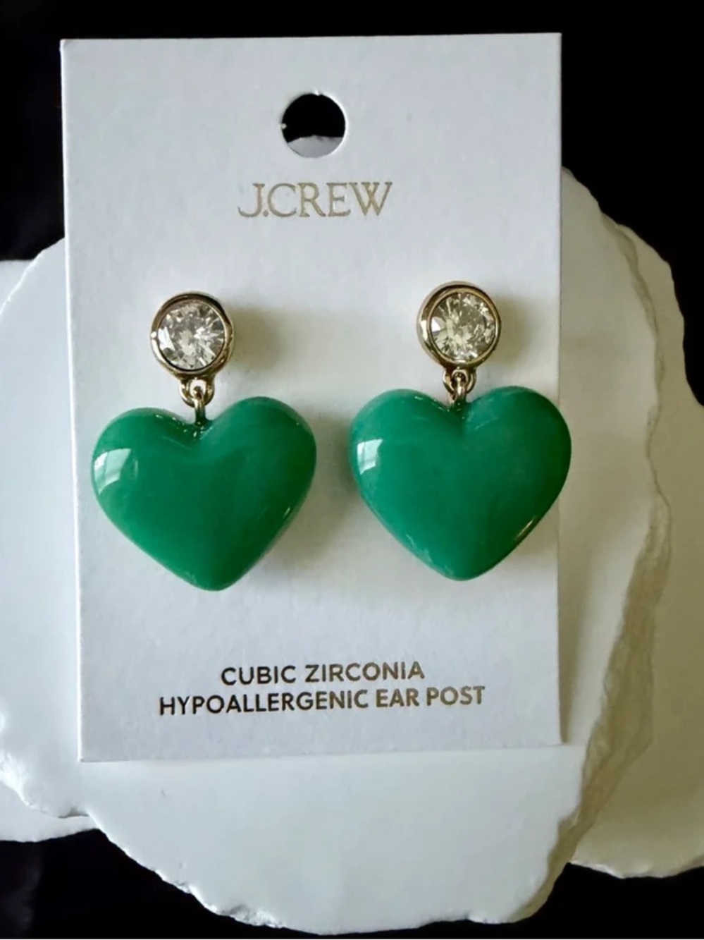 J.Crew Factory Green Heart Drop Earrings with Cubic Zirconia